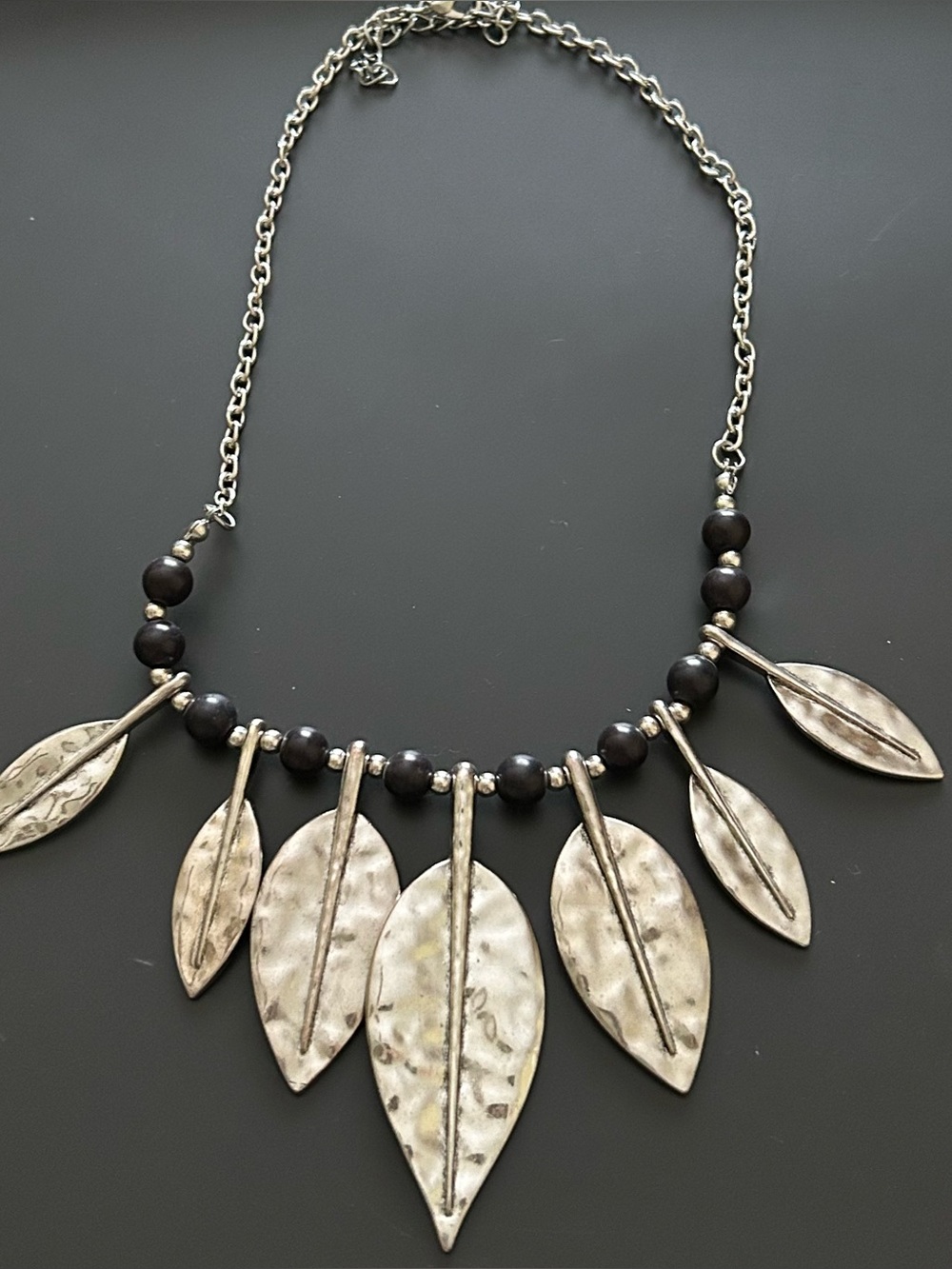 Paparazzi jewelry Highland Harvester Hammered Silver Leaf Black Bead Necklace